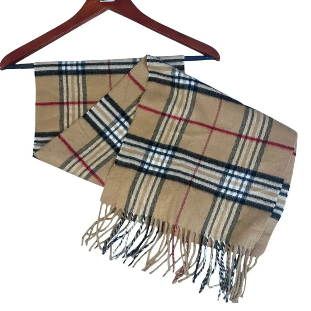 V Fraas Cashmink Classic Plaid Scarf With Fringe Tan Black Soft Fuzzy Cozy Warm